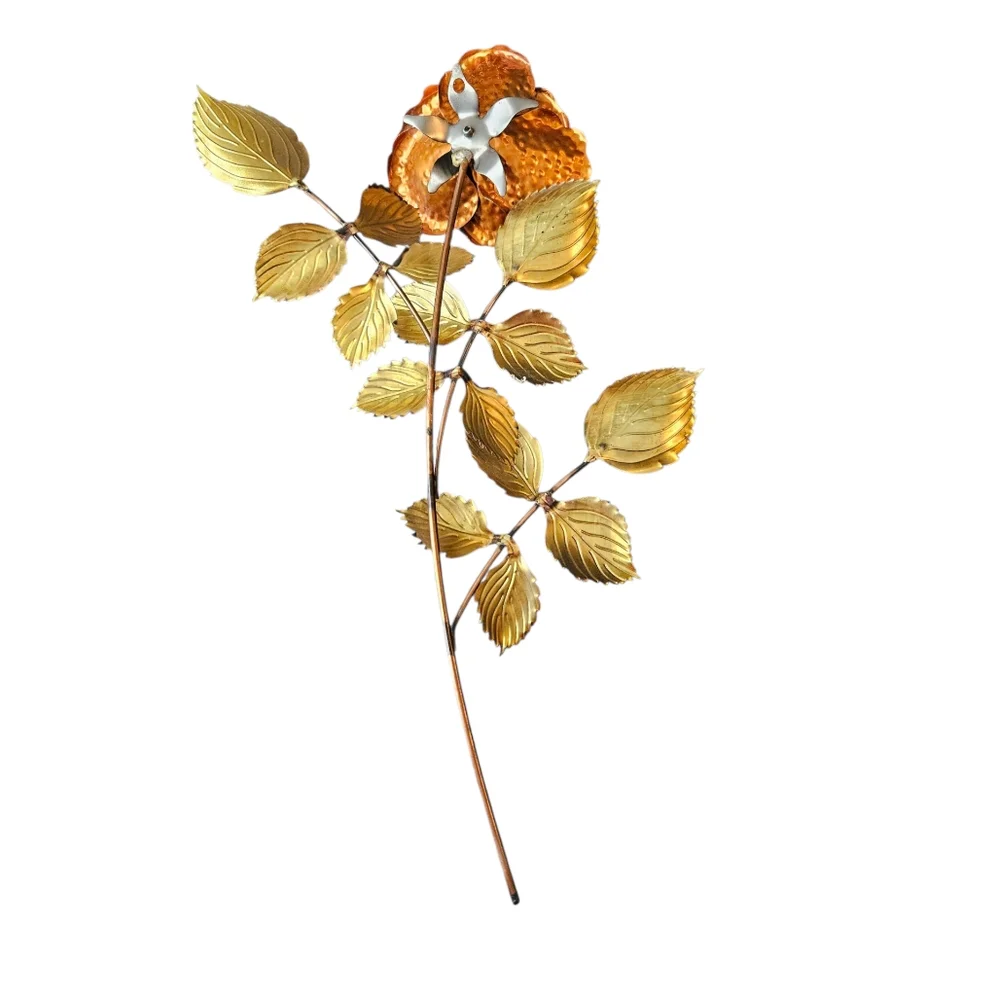 HOMCO Vintage Copper Brass 14” Long Stem Rose/Leaves 3D Metal